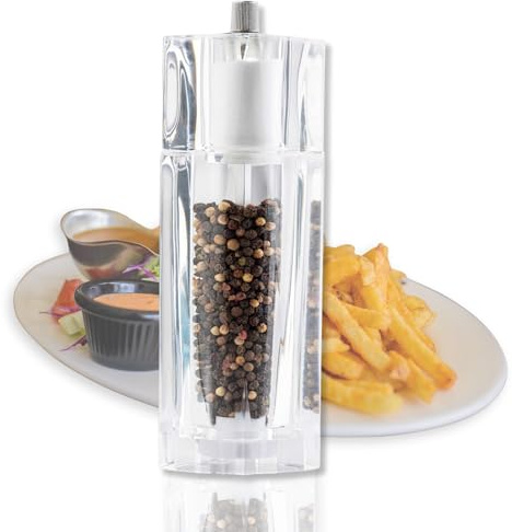 TableCraft 11832, Acrylic Salt and Pepper Mill Combo, 2-in-1 Grinder and Shaker, Clear, 30ml Shaker / 75ml Grinder, Break-Resistant, Square Design, Commercial Foodservice Grade