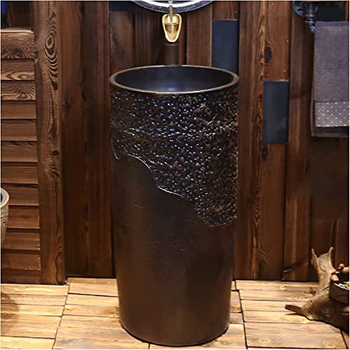 Vanity Unit with Basin,Bathroom Basin Sink with Full Pedestal, Pedestal Sink Handcrafted Ceramic wash Basin Pedestal washbasin, Kaolin Clay Pedestal Sink Round Freestanding Sink (C