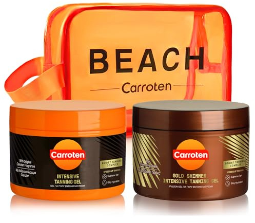 Carroten 2er Set Bräunungsbeschleuniger - Bräunungsset aus Gold Tanning Gel 150 ml und Intensive Tanning Gel 150 ml - Bräunungsgels für schnelle Bräunung, inkl. Kosmetiktasche