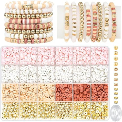 Ptyism 3000+ Lerbead Armband Kit (Rosa Med Sträng) - Polymer Heishi Pärlor För DIY Charm Armband, Konsthantverk, Födelsedagspresent