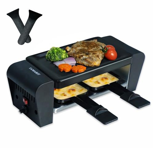 TAMARIT Raclette Grill for 2 Person, Compact Indoor Electric Korean BBQ 450W Portable Tabletop Grill with Non-Stick Iron Plate and 2 Cheese Pans Ideal for Small Kitchen or Apartment, Black Small