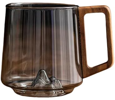 CYANMIEGT 450ml Retro Glass Cup Cold Resistant Heat Resistant -Proof Creative Coffee Creative New Wonder Mountain Bottom Wood Handle Water&Tea Cup Mountain View Whiskey Glass with Wood Handle