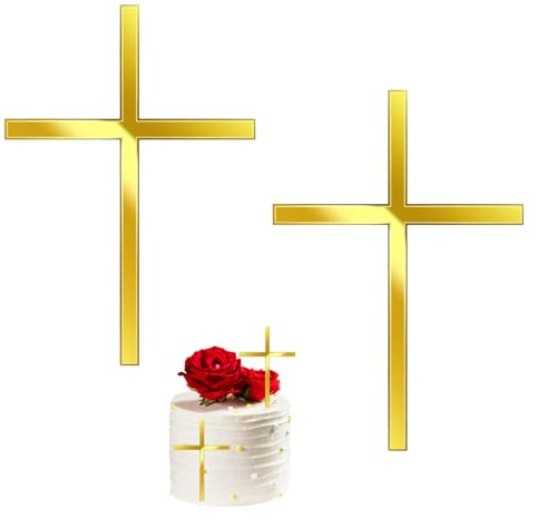 WOUYTPE 2 Pièces Décoration Gâteau Baptême Croix, Baptême Décoration de Gâteau, Cake Topper Communion Doré, Convient pour La Décoration de Gâteaux, Desserts, Cupcakes, Snacks, Réutilisable