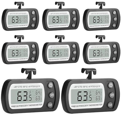 Lot de 8 thermomètres de réfrigérateur numériques, de congélateur, étanches, avec crochet, pour cuisine, maison, écran LCD, interrupteur ℃/℉, enregistrement max/min