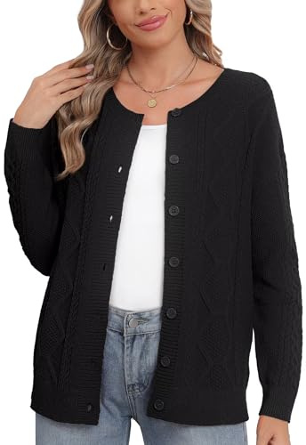 YGJIEGENG Women's Chunky Cardigan Open Front Long Sleeve Sweater with Buttons Oversized Cable Knit Autumn Winter Casual Outwear Coat Sweaters,Black, S