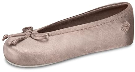 isotoner Women's Classic Stretch Satin Ballerina Slippers with Bow Tie and Leather Sole, Deep Taupe, 8-9