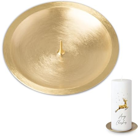 MOMENTU® Kerzenteller rund mit Dorn – Messing gebürstet Ø 8 cm [Gold, Handarbeit] – Kerzenständer, Kerzenuntersetzer, Kerzenschale Stumpenkerzen, Tauf-, Kommunion- und Konfirmationskerze