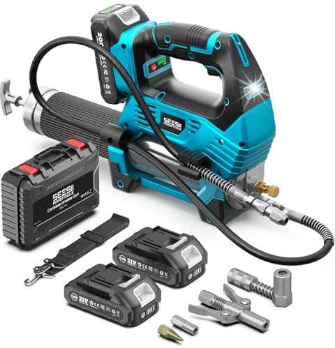 Seesii 12.000 PSI Engrasadora Batería: 3 Velocidades, 2 * 2.0Ah Baterías, Motor Brushless, Pistola de Engrasar Eléctrica con Manguera de 39,4, Acoplador de 90° y Luz LED para Equipos Pesados