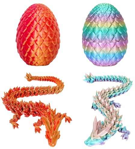 2 Pack 3D Printed Dragon Eggs with Dragon Inside, Prefilled Easter Egg Fillers Articulated Fidget Dragon 3D Printed Animals Set for Easter Home Office Decoration & Adults Kids Gift (Rainbow Color,Red)