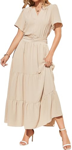 LYNYMUA Robe midi maxi pour femme - Manches courtes - Col en V - Taille élastique - Robe de plage bohème - Robe longue fluide pour les invités de mariage