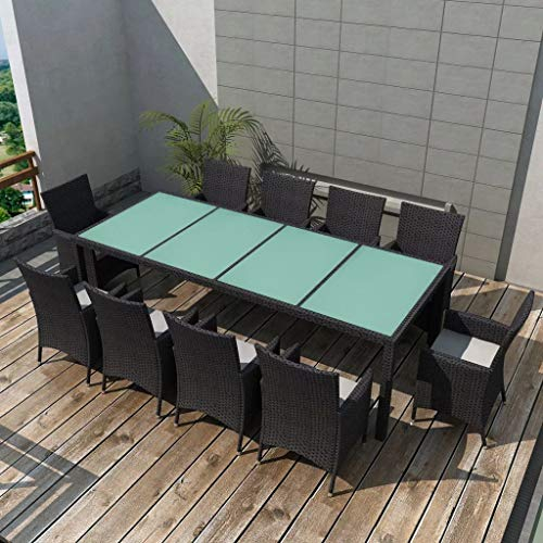 Tidyard 21-teilige Gartengarnitur Set Garten Essgruppe | Polyrattan Gartengruppe Gartenmöbelset für Garten oder Terrasse | inkl. 1 Tisch mit Glas-Tischplatte, 10 Stühle und 10 Sitzpolster - Schwarz