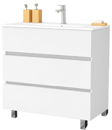 EL BAÑO MODERNO Juego Mueble Baño con Lavabo. Mueble Lavabo 80 cm. Mueble Bajo Lavabo Compacto Preinstalado de Fábrica. Mueble Baño con Lavabo 80 cm con Pie de Porcelana. No Incluye Espejo.