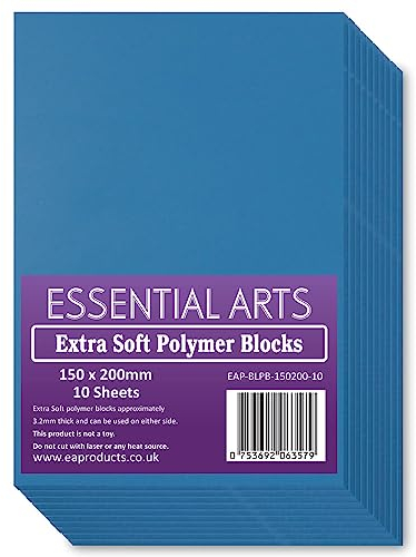 Essential Arts Polymer-Blöcke, extra weich, 150 x 200 mm, doppelseitig, blau, 10 Stück, 3,2 mm, superweiche Druckblätter für einfaches Lino-Schnitzen, Kunst und Handwerk, 15 x 20 cm