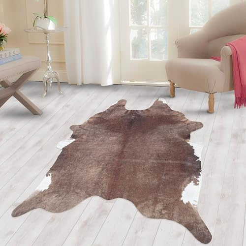 Carpettex Teppich Fellteppich Kunstfell Rinderfell Imitat Kuhmotiv Digitaldruck Waschbar rutschfest, Farbe: Braun, Größe: 100 x 135 cm
