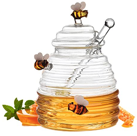 Imtrub Glass Honey Jar with Spoon and Lid, Syrup Dispenser, Beautiful Honeycomb Jar with Dipper, Transparent