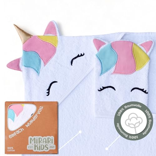 MIRARI Kids ® Einhorn Handtuch für Kleinkind 0-3 Jahre - Badehandtuch 80x80 mit Kapuze und Waschlappen - Kleinkind Handtuch aus weicher Baumwolle – Einhorn Badehandtuch als Kinder Geschenk