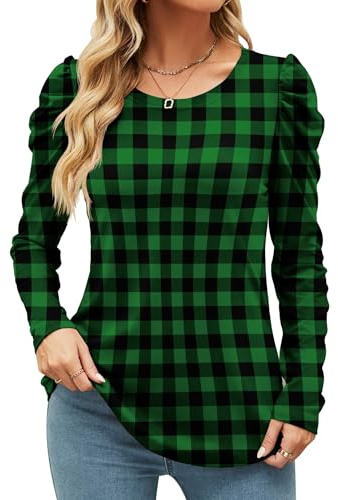 Ivicoer Womens Checked Long Sleeve Blouses Cute Puff Sleeve Tops Green Flannel Shirt Women M