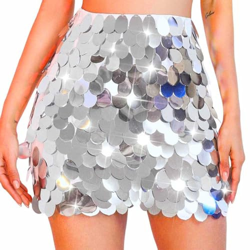 Evlry Falda de Lentejuelas Plateada Brillante para Baile, Minifalda, pañuelo para la Cadera, Faldas para Discotecas y Fiestas para Mujer
