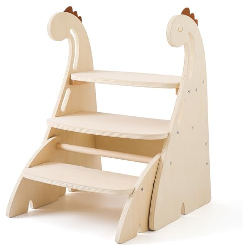 Youuys Tritthocker für Kinder, Dreistufiger Dinosaur Holz Tritt-Schemel Kinderschemel für Baby, Baby Kleinkinderzimmer Bequemer Handslauf, Multifunktion, Anti-Rutsch, Ab ca. 3 bis ca. 6 Jahre