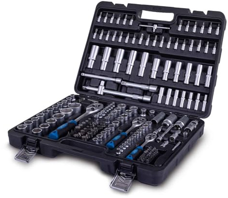 Scheppach Werkzeugkoffer TB180 Steckschlüsselsatz 180-tlg | 1/4+3/8+1/2 Ratschen, Verlängerung, Schraubendreher, Stecknüssen & Bits | Sechs- und Vierkant Ratschenkasten Knarrenkasten Werkzeug-Set