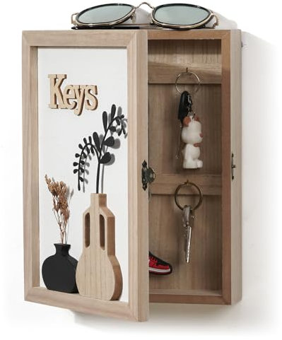 Optyuwah Cassetta portachiavi in legno con vaso 3D e fiori secchi, 6 ganci per chiavi, organizer da parete per ingresso, corridoio, ufficio, L bianco