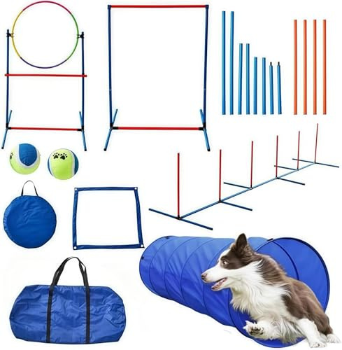 WUDLEP Dog Agility Training Equipment Set, Obstacle Courses Training Starter Kit, Dog Agility Equipment with Dog Tunnel, Weave Poles, Adjustable Hurdles, Jump Ring, Pause Box