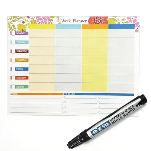Emploi du temps effaçable avec 4 marqueurs pour tableau blanc, 28 x 21 cm, semainier, magnétique, planificateur de repas, tableau magnétique pour réfrigérateur, tableau de planification, tableau mémo