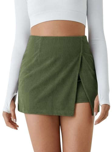COCCKO Corduroy Skirt Women High Waist Suede Side Split Skort Bodycon Short Mini Skirts Army Green XL
