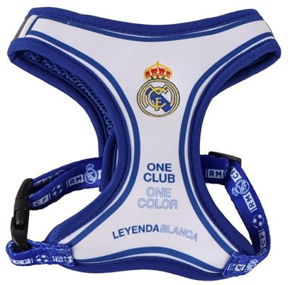 Arnés Perro Real Madrid Talla XS diseño Oficial Escudo Bordado y Ajuste Seguro - Arnés Real Madrid Perro Accesorio Resistente y cómodo para Perros medianos Control Total y Estilo Merengue Cada Paseo