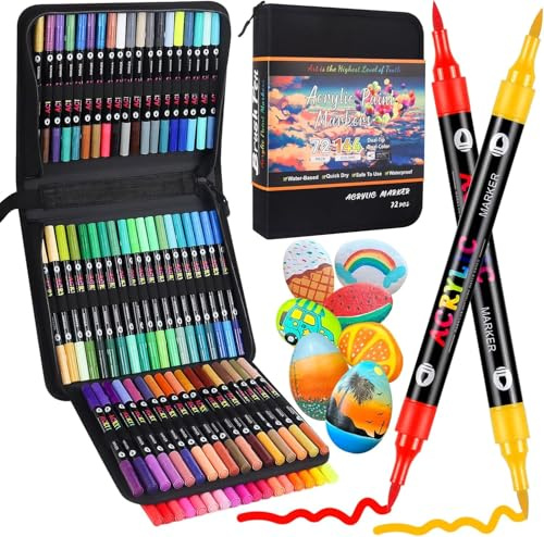 Sanyetral 144 Colors 72 Pcs Acrylic Paint Markers,Dual Brush Tip Pen | Quick-Drying Ink For Wood, Canvas, Rock Painting, Glass, Ceramic, Stone Surfaces,DIY Crafts Making Etc
