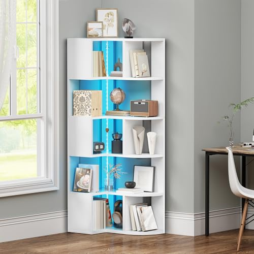 YITAHOME Libreria angolare a 6 ripiani con LED, a forma di L, scaffale angolare, scaffale da pavimento, per ufficio, studio, soggiorno, camera da letto, 64 x 41,5 x 159,5 cm, bianco