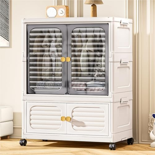Armario portátil de doble puerta, armario plegable de plástico con puertas y ruedas, cómoda plegable de plástico para dormitorio, sala de estar, 3 niveles (1 armario + 1 cajón), 59,5 x 35,5 x 20 cm