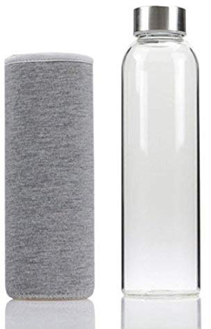 Trinkflasche aus Glas, Sportflasche to-go Glastrinkflasche (550 ml, Grau), Borosilikatglas, Wasserflasche Fahrradflasche Glasflasche Getränkeflasche und Deckel aus Edelstahl
