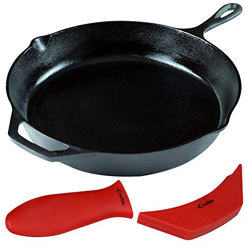 Crucible Cookware 12-Inch Cast Iron Skillet Set (Pre-Seasoned), Including Large & Assist Silicone Hot Handle Holders | Indoor & Outdoor Use
