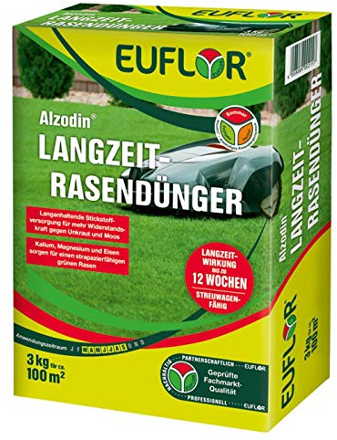 Euflor Alzodin Langzeit-Rasendünger•3kg Spezialdünger mit Stickstoff 20+5+8 mit 2% MgO und 1% Eisen•Hochwertiger Volldünger•Langzeitwirkung für 12 Wochen • Hindert Unkreit und Moos • Streuwagenfähig