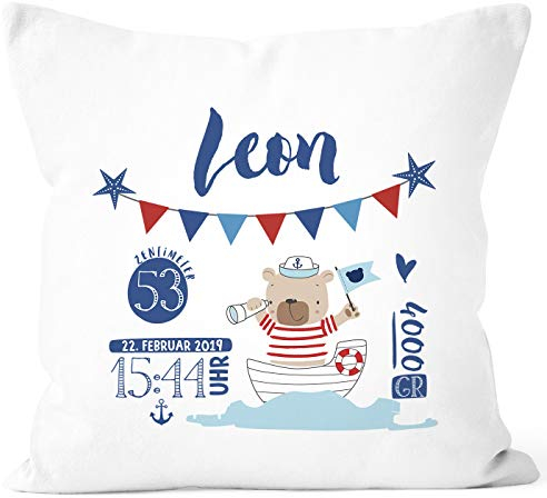 SpecialMe® Geburtskissen Junge Kapitän Anker, personalisierbares Kissen zur Geburt, Namenskissen Geschenk Geburt Wunschname, Kissen-Bezug ohne Füllung weiß Unisize