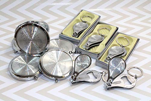 24 Bride and Groom Wedding Celebration Recuerdos para Quinceanera Sweet 16 Party Favors Compact Mirror Nail Clipper Bottle Opener Keychain Baptism Baby Shower (Silver)