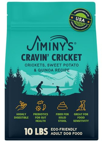 Jiminy's Cravin' Cricket Dry Dog Food, Sensitive Stomach, Improved Gut Health, Probiotic & Prebiotic, Hypoallergenic, Lower Carbon Footprint, Made in USA, 10lb Bag (Pack of 1)