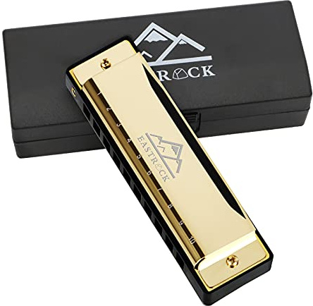 EastRock Harmonica 10 Holes 20 Tunes Blues Harmonica Key of C Mouth Organ for Beginner, Adults, Kids Gift with Case and Cleaning Cloth (Gold)