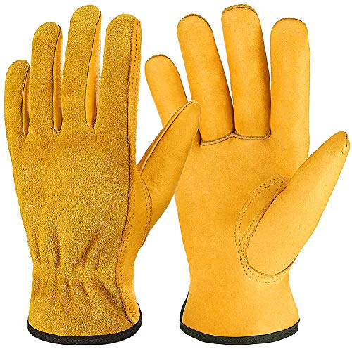 Auelife Guantes de Trabajo, Guantes de Jardinería, Gruesos de Cuero, Guantes de Soldadura, Protegen los Guantes, para la Construcción, Reparación de Automóviles Hombres y Mujeres- Talla L