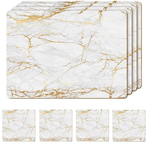 Moderry Set of 4 Heat Resistant Cork Placemats for Dining Table with Free Set of 4 Matching Marble Design Coasters 16x12 Inches Hard Placemats with Cork Back (Gold Foiled)