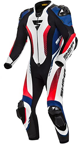 SHIMA APEX RS Tuta da moto uomo - Pelle tuta sportiva monopezzo ventilata con cursori per spalle e ginocchia, protezioni CE su schiena, spalle, gomiti, cuciture rinforzate (48, Bianco/Blu)