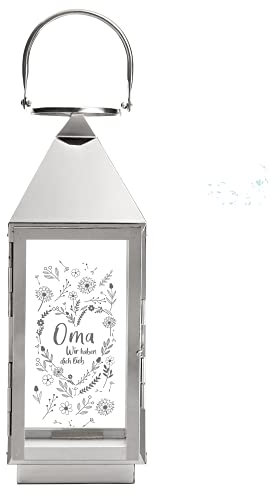 Laterne mit Gravur für Oma, Deko Kerzen Windlicht, Geschenk für Oma, Outdoor Garten Dekoration, Gravierte Edelstahl Laterne, Vintage Terrassen Beleuchtung, Wetterfeste Silber Gartenlaterne