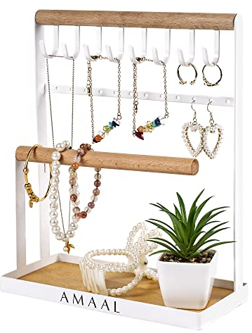 AMAAL Jewellery Organiser Stand with Mini Plant Included – 4-Tier Aesthetic Room Decor Jewellery Display – Elegant Necklace Stand – Earring Holder Wooden Tray Holds Perfume, Bracelets