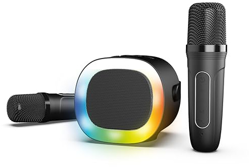 R-Music – KARADUO – Pack karaoké Complet – 2 Microphones Karaoké sans Fil + Enceinte Portable RGB sans Fil – Bluetooth 5.0, Port AUX et Port Micro SD – 5 Effets déformation de Voix + 3 Modes karaoké