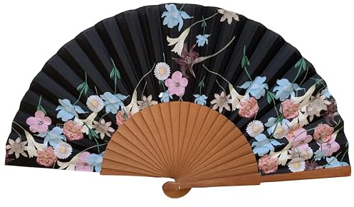 Abanico Español Sofía - Madera y Algodón - 23 cm - Estuche y Funda de Yute - Accesorio de Moda - Hecho a Mano en España - Eventos y Regalos - Colección Flowers - Tusitala Barcelona