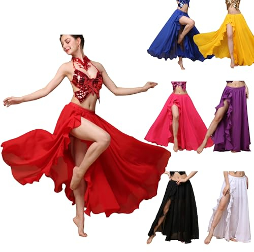 MUNAFIE Röcke für Damen Langer Rock mit Schlitz Bauchtanz Tanz Chiffon Rock Tanzkleid Bauchtanz Kostüm Rot