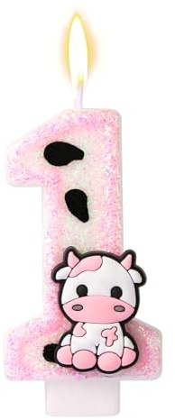 Vela de Vaca, con Purpurina Vela con Número Adorno para Tarta Velas Cumpleaño Animal de Granja Temática para Niñas Decoraciones de Cumpleaños Baby Shower Suministros para Fiestas (Número 1)