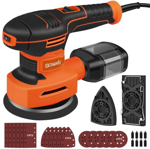 GOXAWEE Lijadora Orbital 3 en 1, 450W 125mm Lijadora Orbital Aleatoria con 6 Velocidades y 3 Modelos de Cabezales de Lijado, 18pcs de Papel de Lija, Lijadora Eléctrica con Caja de Polvo para Lijar