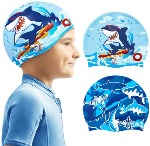 2 Pack Kids Swim Cap Durable Silicone Swim Caps for Boys Girls Toddler Waterproof Bathing Pool Swimming Caps Comfortable Kids Swimming Hats for Long and Short Hair (Blue Shark)
